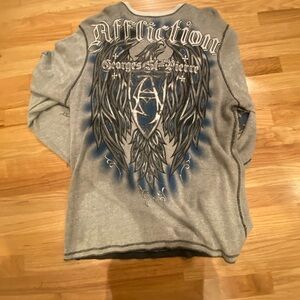 Affliction Gray and Blue Winged Graphic Shirt- two-sided
